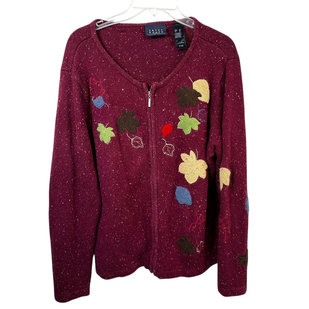 Crazy Horse Liz Claiborne XL Cardigan Burgundy Leaf Zip Sweater Novelty Fall 413